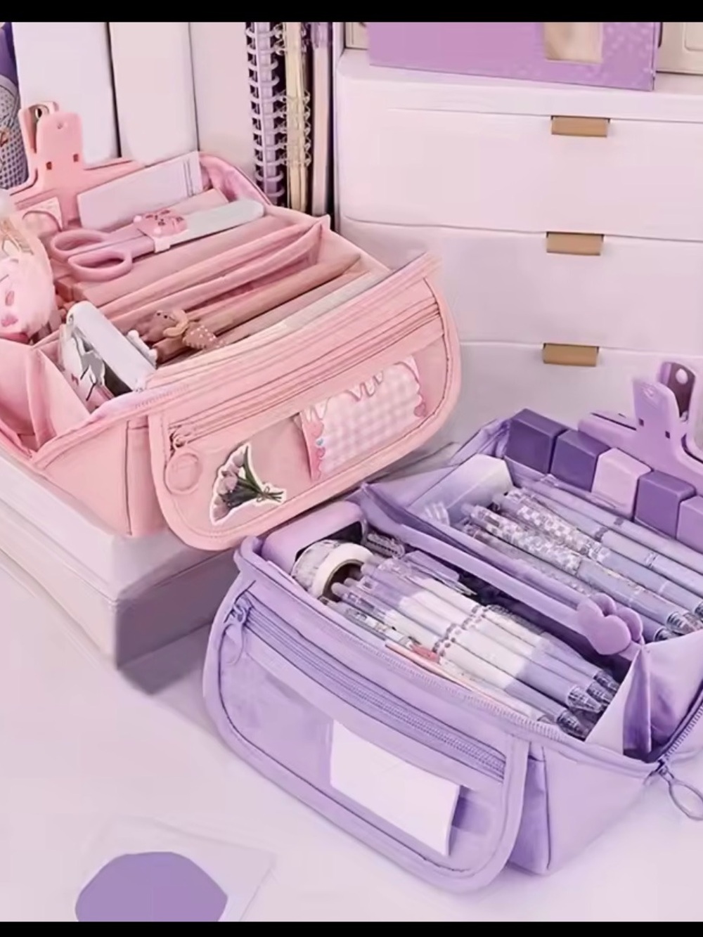 Pink and Lavender Multi-Compartment Pencil Case Organizer